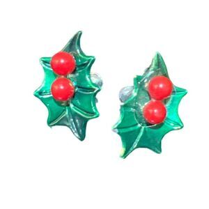 50’s Holiday Holly Screwback Earrings Green Enamel & Red Beads